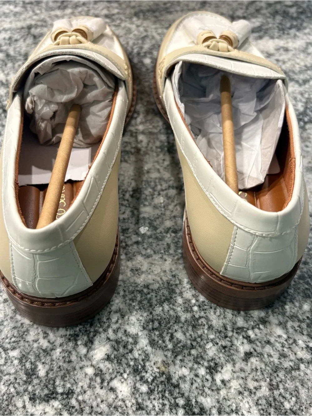 Franco Sarto Two-Tone Cream and White Tassel Loafers